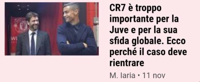 Gazzetta dello Sport: CR7 è troppo importante per la Juve e per la sua sfida globale. Ecco perché il caso deve rientrare