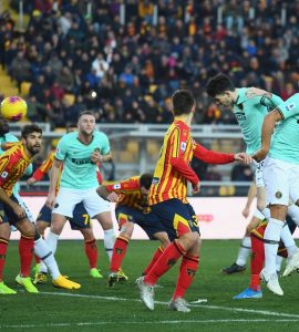 Lecce 19 gennaio 2020, diciannovesima giornata di Serie A: Alessandro Bastoni segna il gol dell'1-0 in Lecce-Inter al Via del Mare